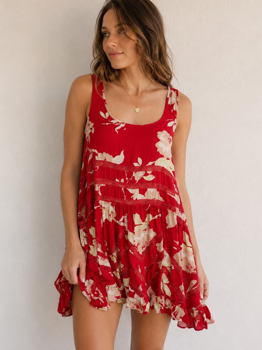 Free People Intimately Floral Lace Trapeze Slip Dress Red Boho Babydoll XS